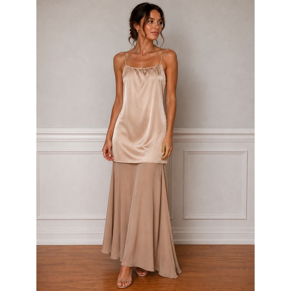 Commense Layered Asymmetric Midi Dress Womens M Beige Cowl Neck Minimalist - Picture 8 of 8